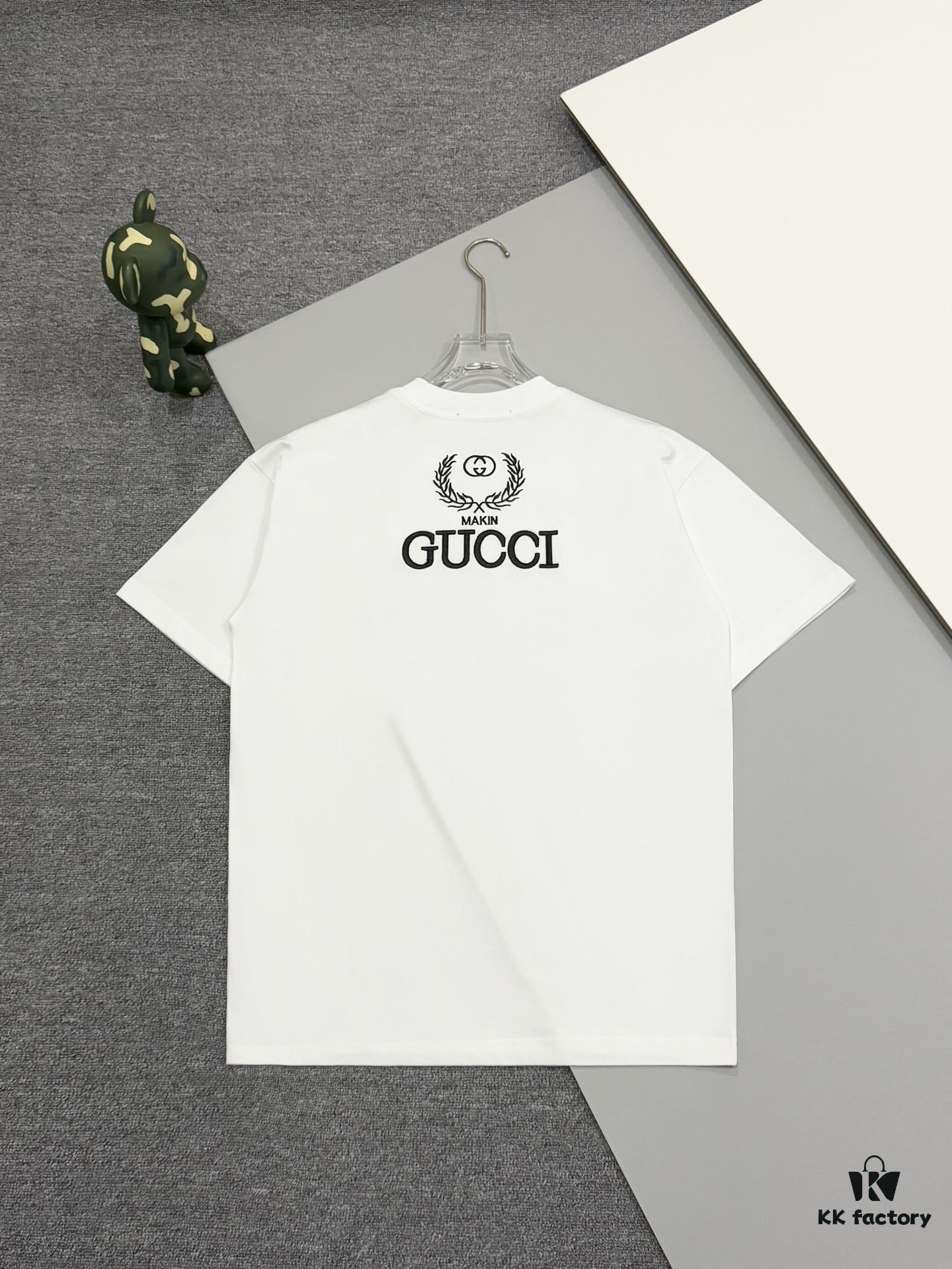 High-End Gucci Style Premium Jump Stitch Embroidered Round Neck Short Sleeve T-Shirt, 280g Double-Yarn High Gram Weight 100% Combed Cotton, Pre-Shrunk 1x1 Double Yarn Washed Fabric Resists Deformation, Unisex Design with Official Website Details, Front and Back Letter Logo Embroidery, Patch on Reverse, Complete Triple Labels, Moisture-Proof Paper Packaging, Distinct from Market Standard Goods, Comfortable Fit with OXs Silhouette