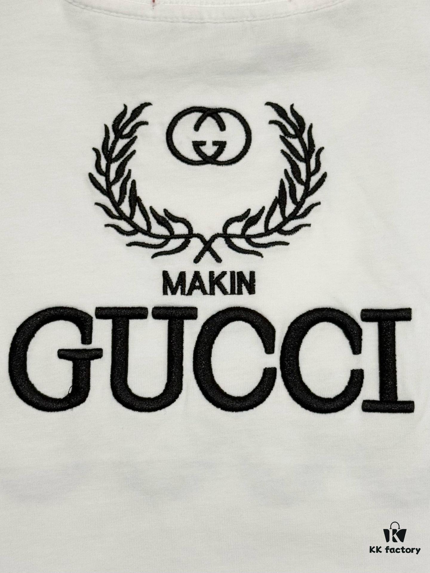 High-End Gucci Style Premium Jump Stitch Embroidered Round Neck Short Sleeve T-Shirt, 280g Double-Yarn High Gram Weight 100% Combed Cotton, Pre-Shrunk 1x1 Double Yarn Washed Fabric Resists Deformation, Unisex Design with Official Website Details, Front and Back Letter Logo Embroidery, Patch on Reverse, Complete Triple Labels, Moisture-Proof Paper Packaging, Distinct from Market Standard Goods, Comfortable Fit with OXs Silhouette