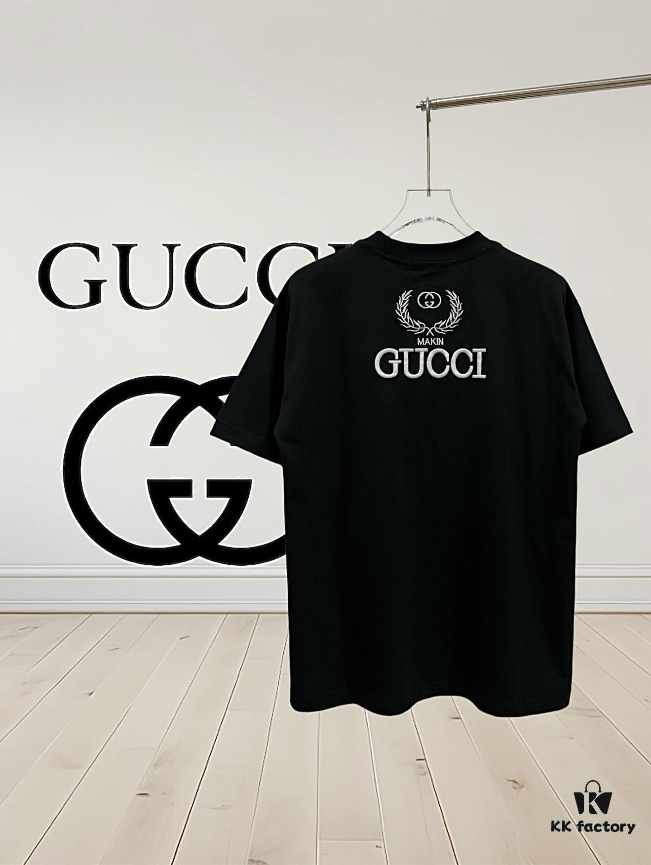 High-End Gucci Round Neck Short Sleeve T-Shirt with Front and Back High-Stitch Embroidered Logo, 280g Double-Yarn Premium Combed Cotton, Pre-Shrunk Washed Fabric, No Deformation, Unisex Design, Official Website Details, Three Labels Included, Moisture-Proof Paper Packaging, Distinct from Market Standard Products, Comfortable Fit with OXS Silhouette