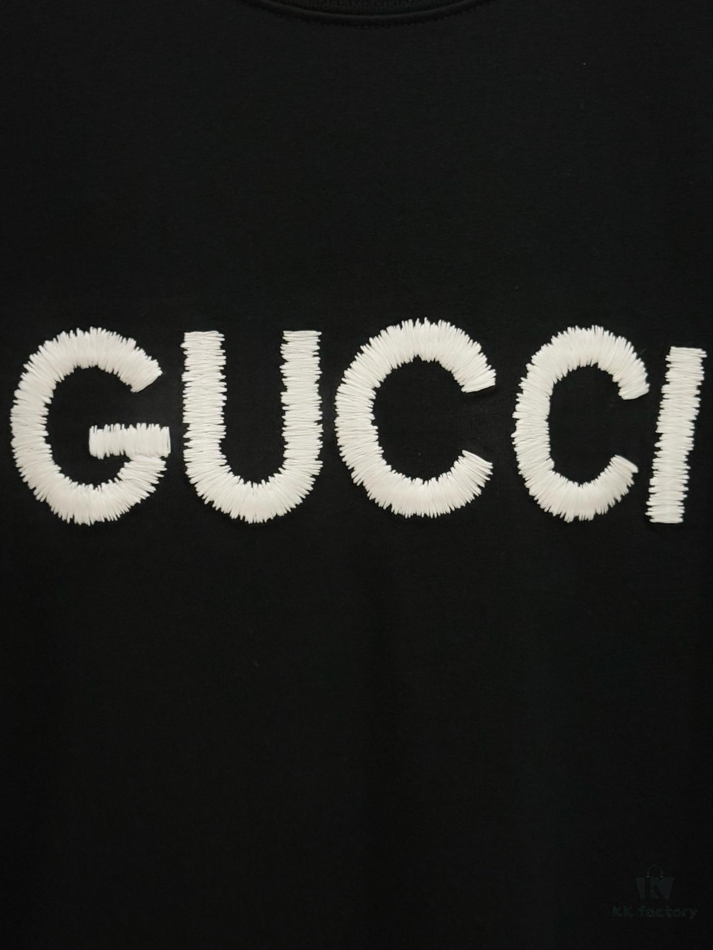 High-End Gucci Round Neck Short Sleeve T-Shirt with Front and Back High-Stitch Embroidered Logo, 280g Double-Yarn Premium Combed Cotton, Pre-Shrunk Washed Fabric, No Deformation, Unisex Design, Official Website Details, Three Labels Included, Moisture-Proof Paper Packaging, Distinct from Market Standard Products, Comfortable Fit with OXS Silhouette