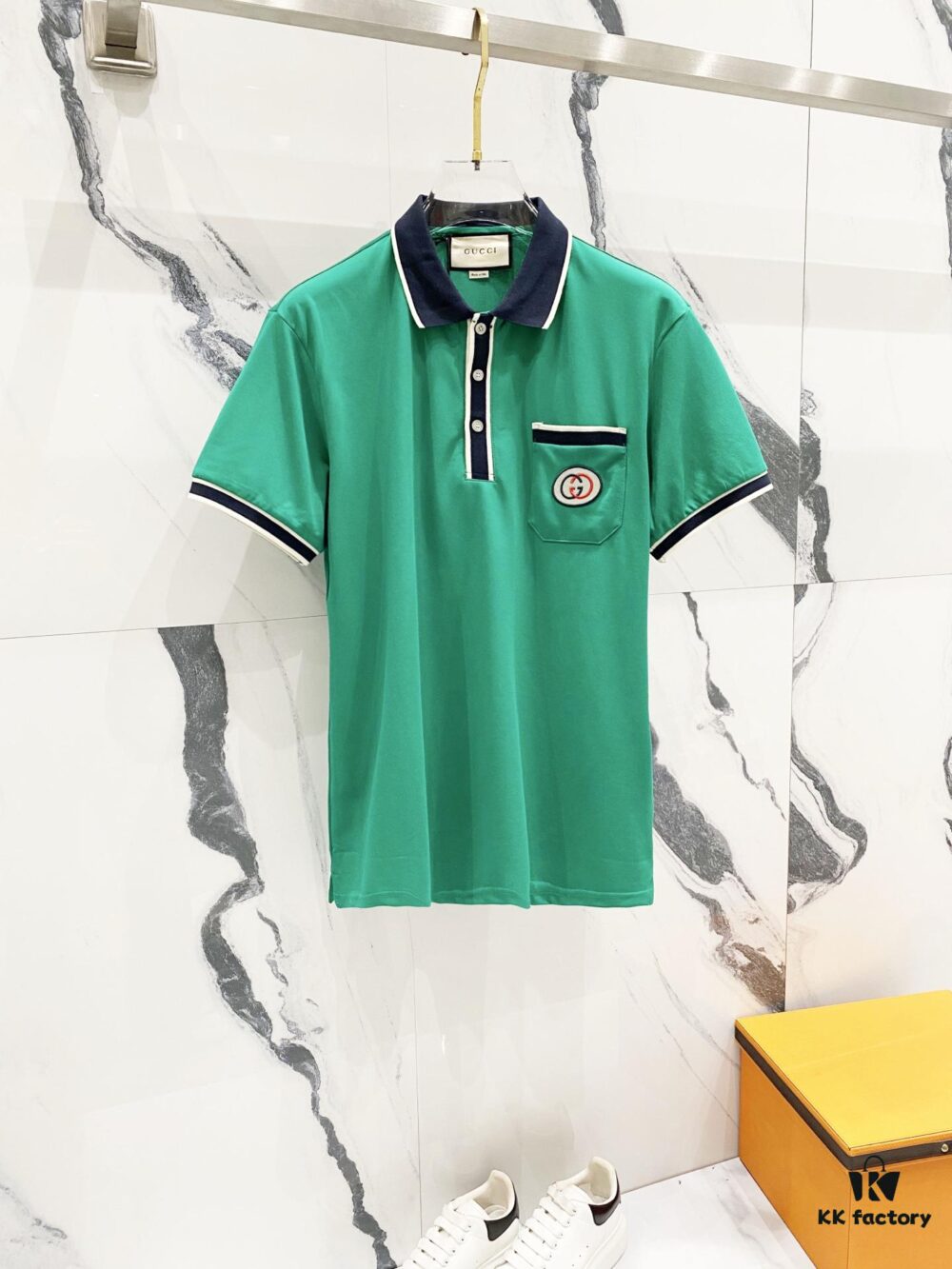 GUCCI Men's Polo Shirt with Notched Lapel, Color-Block Collar and Embroidered GG Logo
