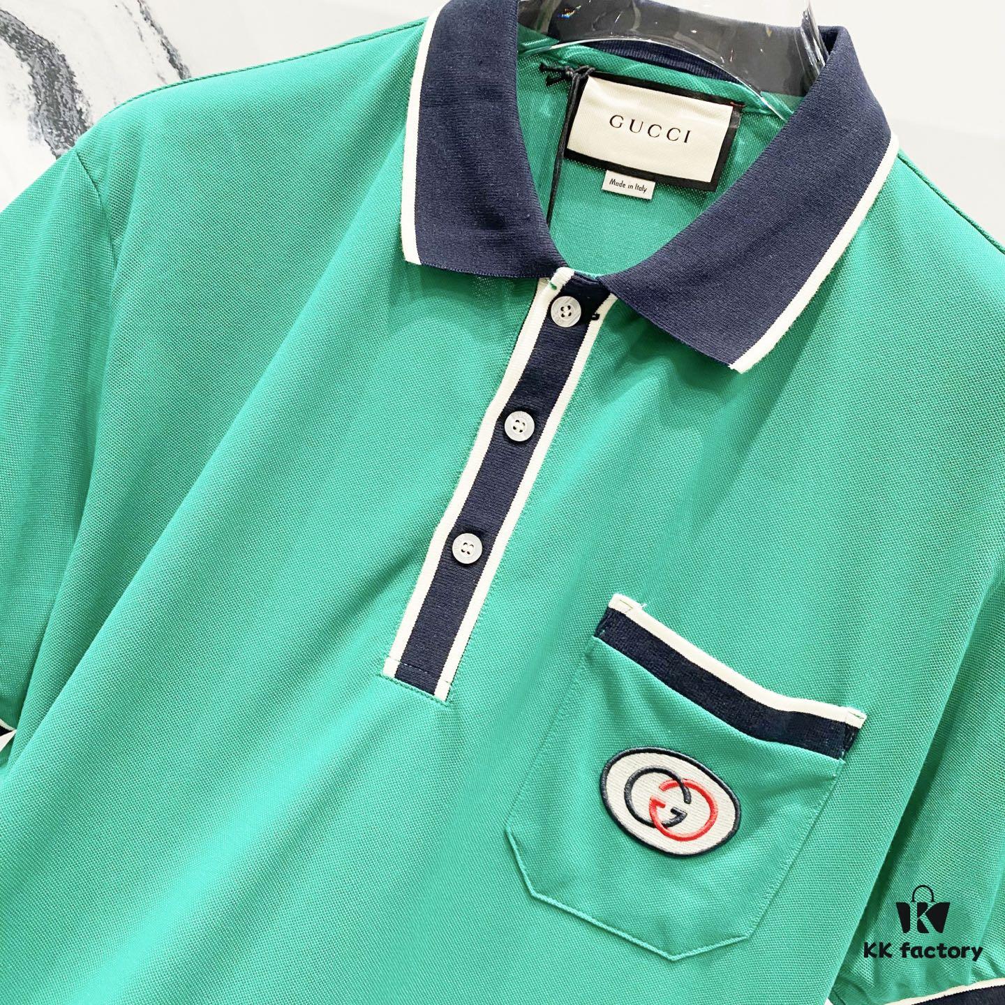 GUCCI Men's Polo Shirt with Notched Lapel, Color-Block Collar and Embroidered GG Logo