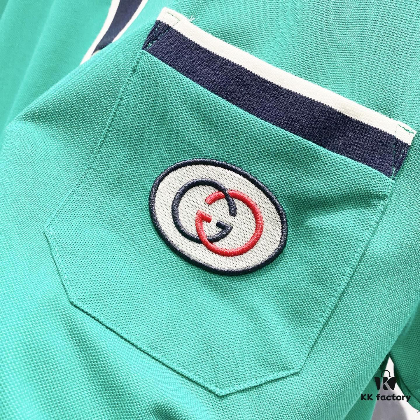 GUCCI Men's Polo Shirt with Notched Lapel, Color-Block Collar and Embroidered GG Logo