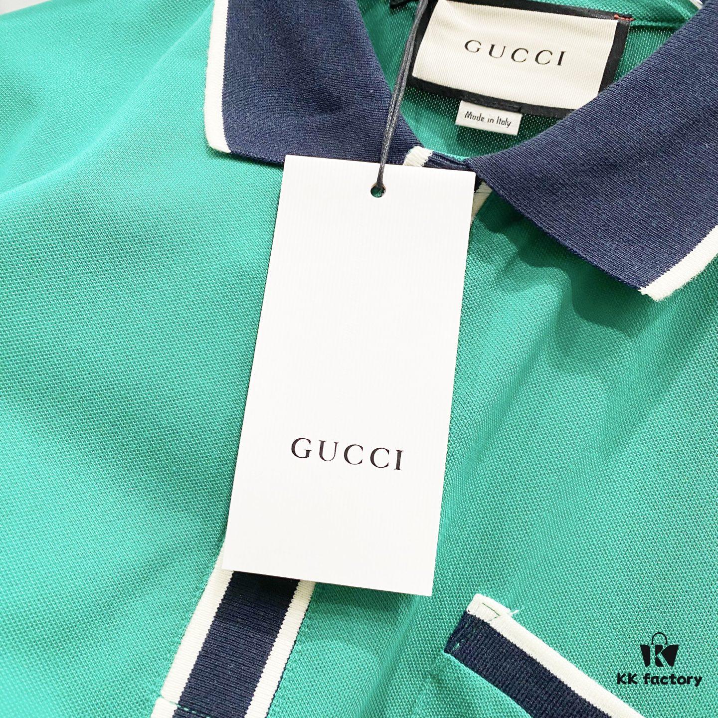 GUCCI Men's Polo Shirt with Notched Lapel, Color-Block Collar and Embroidered GG Logo
