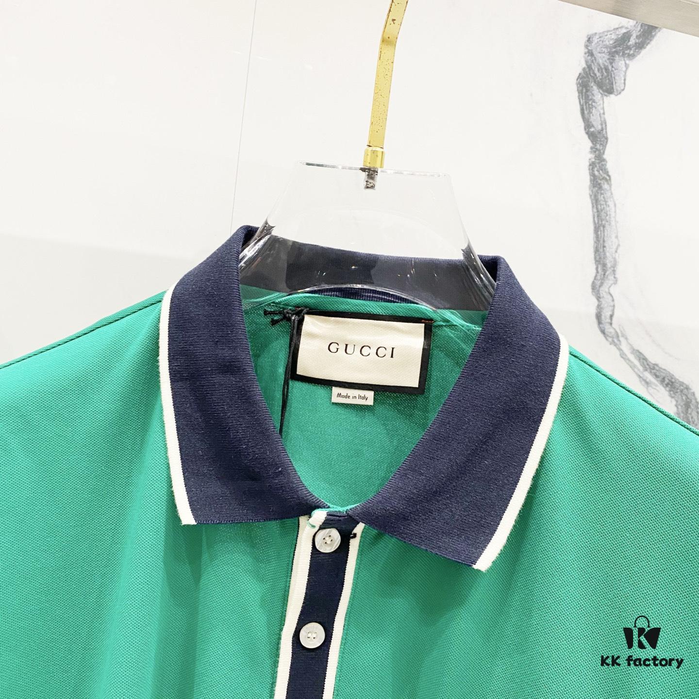 GUCCI Men's Polo Shirt with Notched Lapel, Color-Block Collar and Embroidered GG Logo