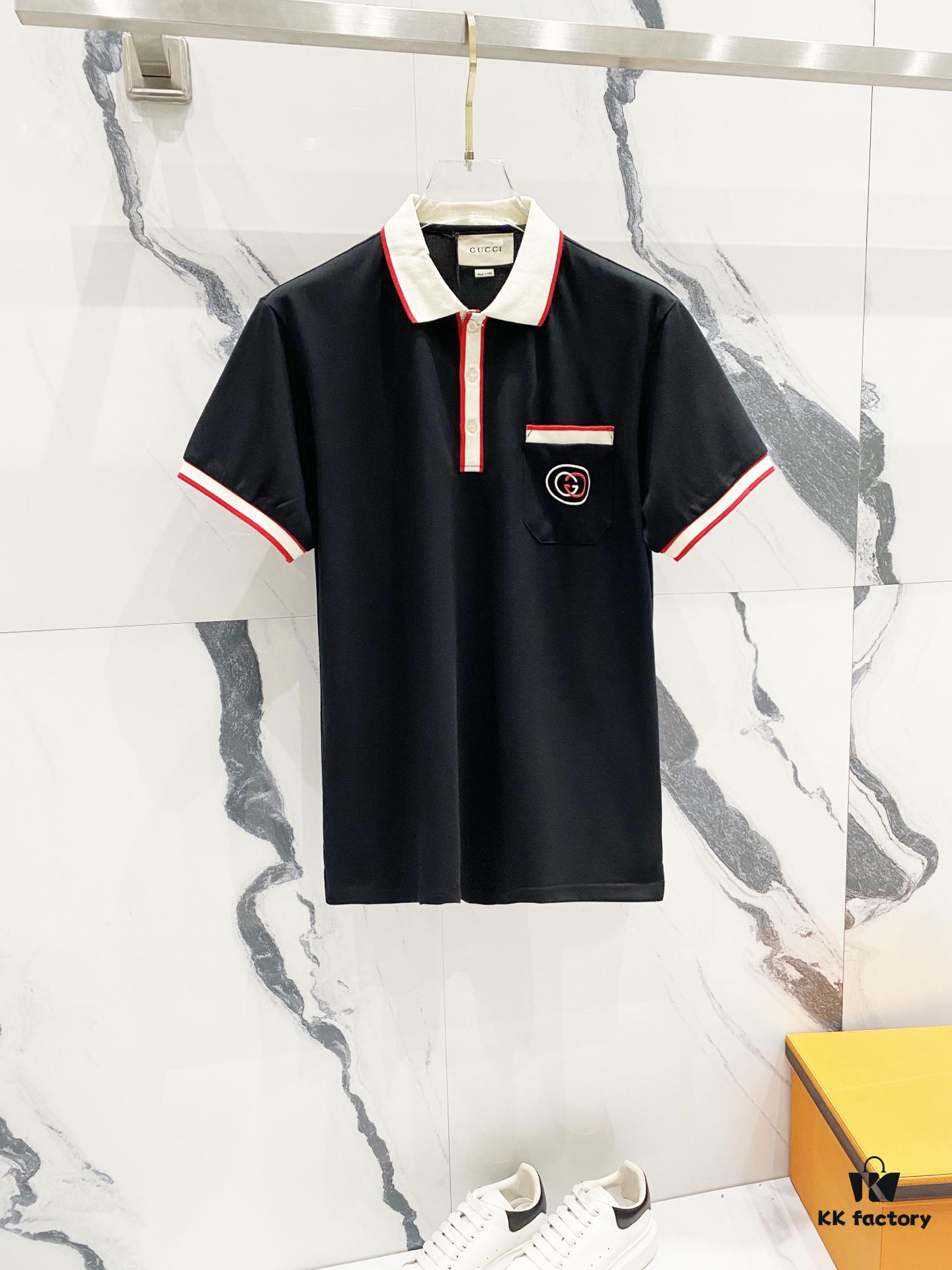 GUCCI Men's Polo Shirt with Notched Lapel, Color-Blocked Collar, and Embroidered GG Logo