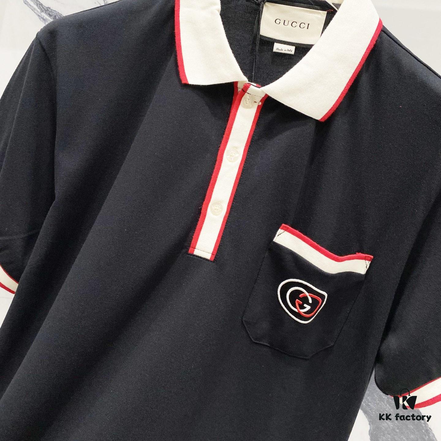 GUCCI Men's Polo Shirt with Notched Lapel, Color-Blocked Collar, and Embroidered GG Logo