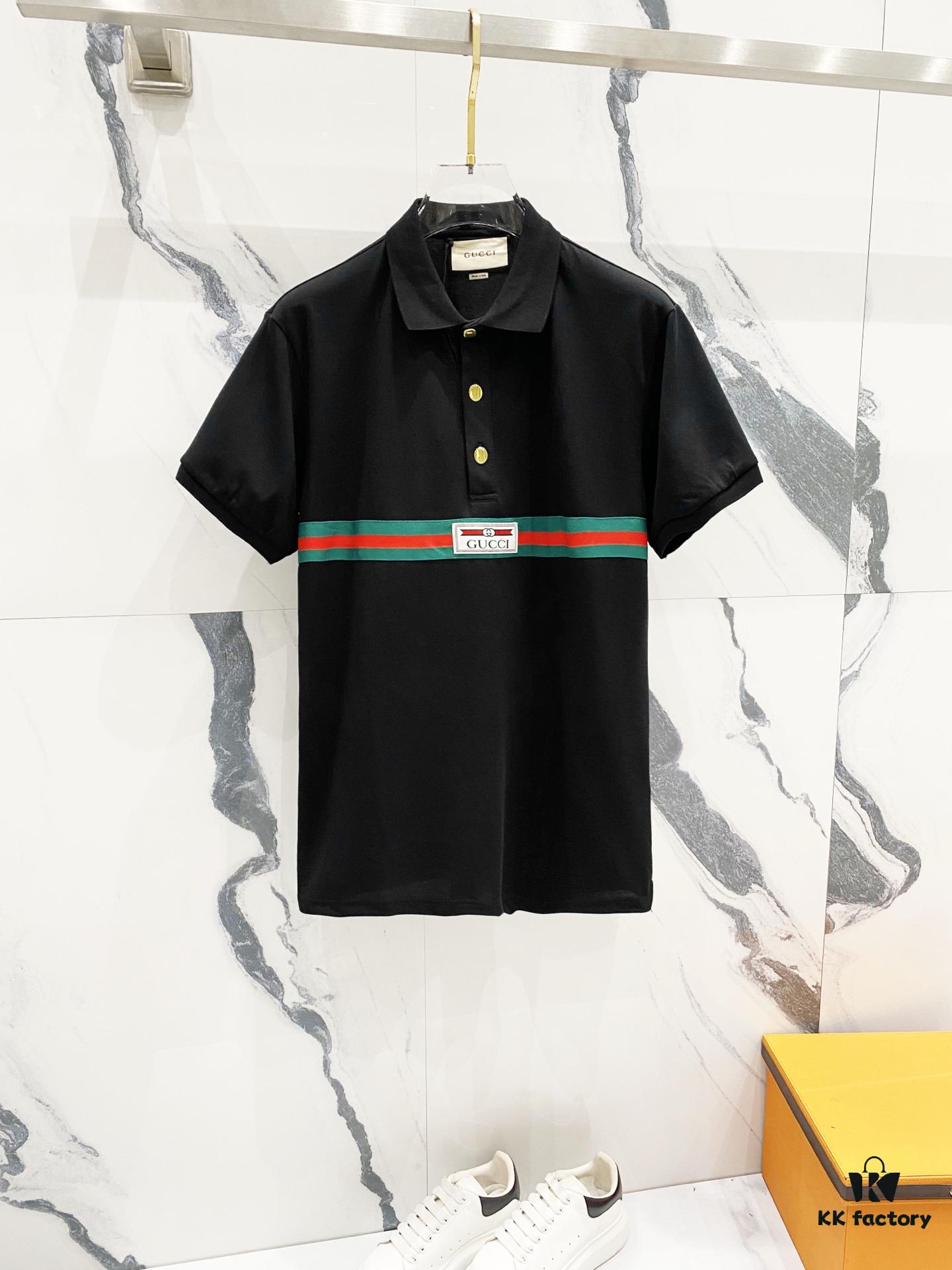 GUCCI Men's Polo Shirt with Notched Collar and Red-Green Web Stripe Logo Design
