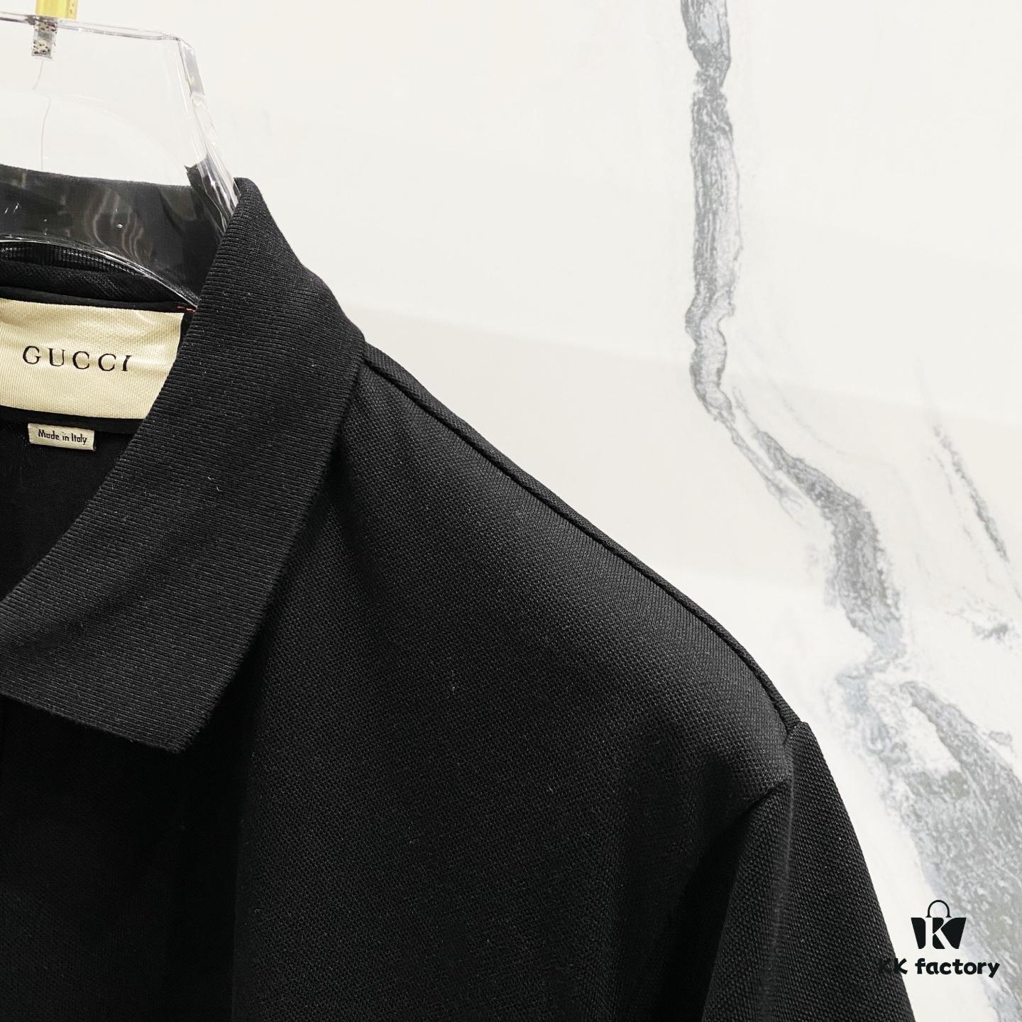 GUCCI Men's Polo Shirt with Notched Collar and Red-Green Web Stripe Logo Design