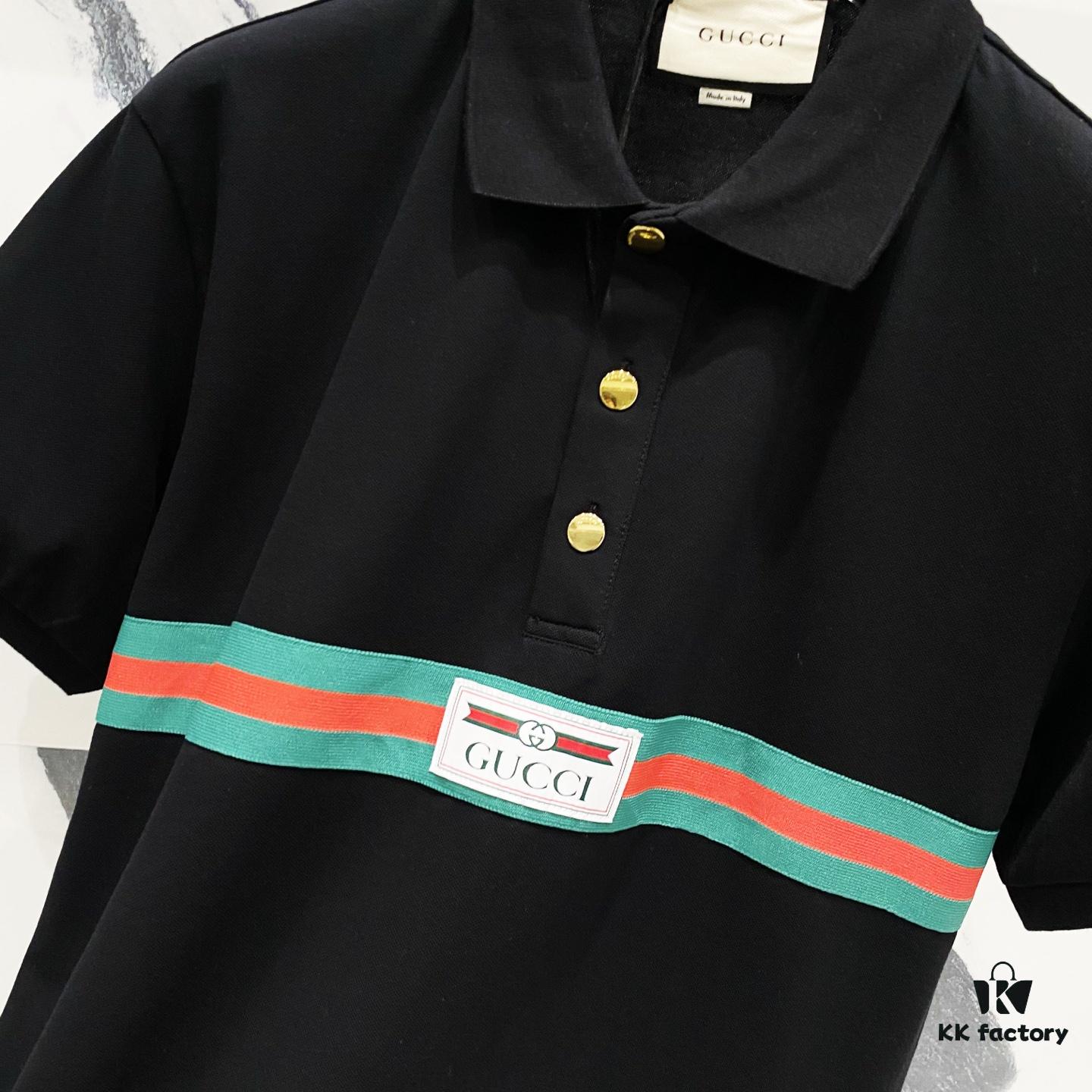 GUCCI Men's Polo Shirt with Notched Collar and Red-Green Web Stripe Logo Design
