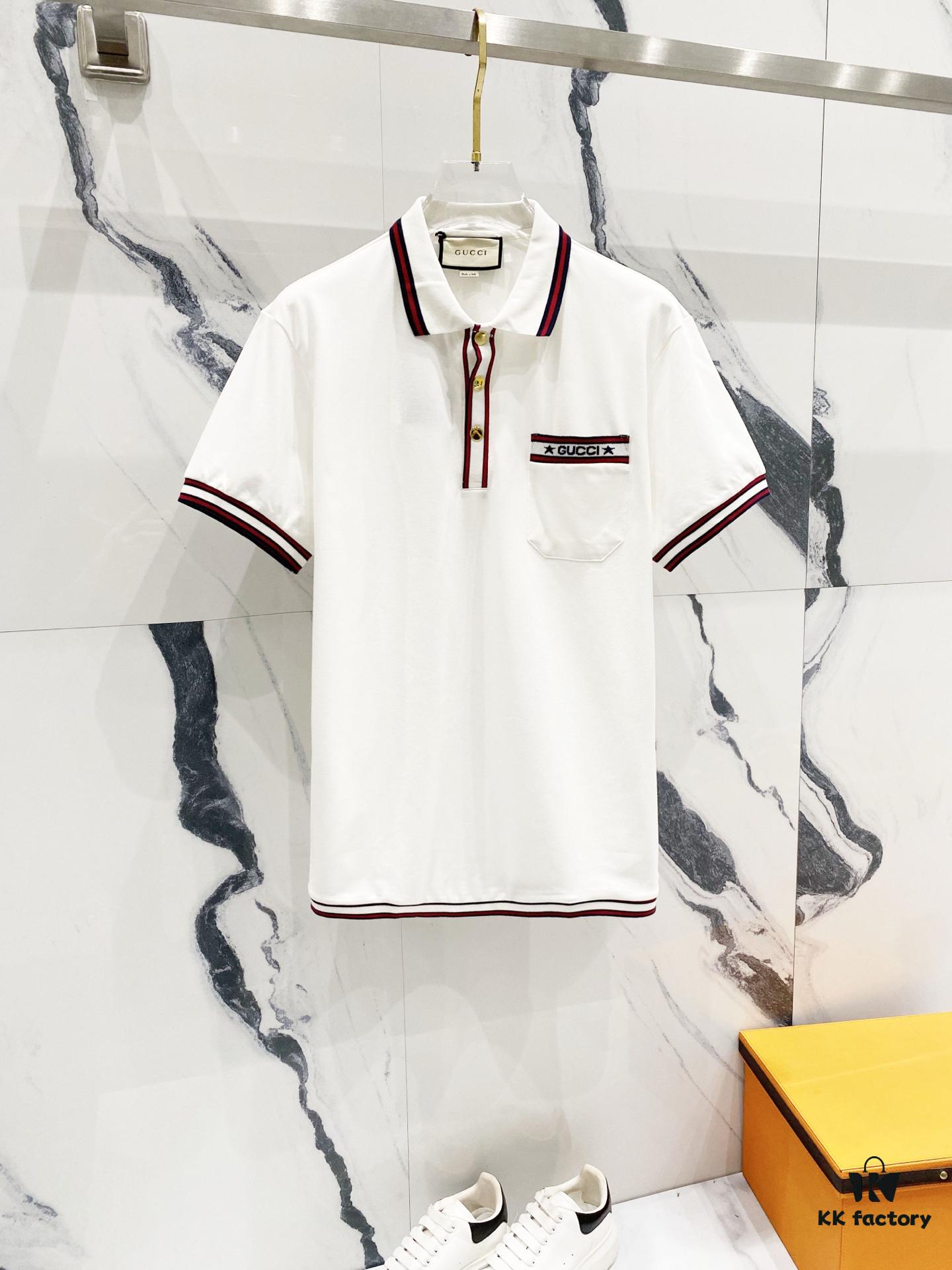 GUCCI Men's Polo Shirt with Lapel, Embroidered Logo, Color-Block Striped Pocket Design