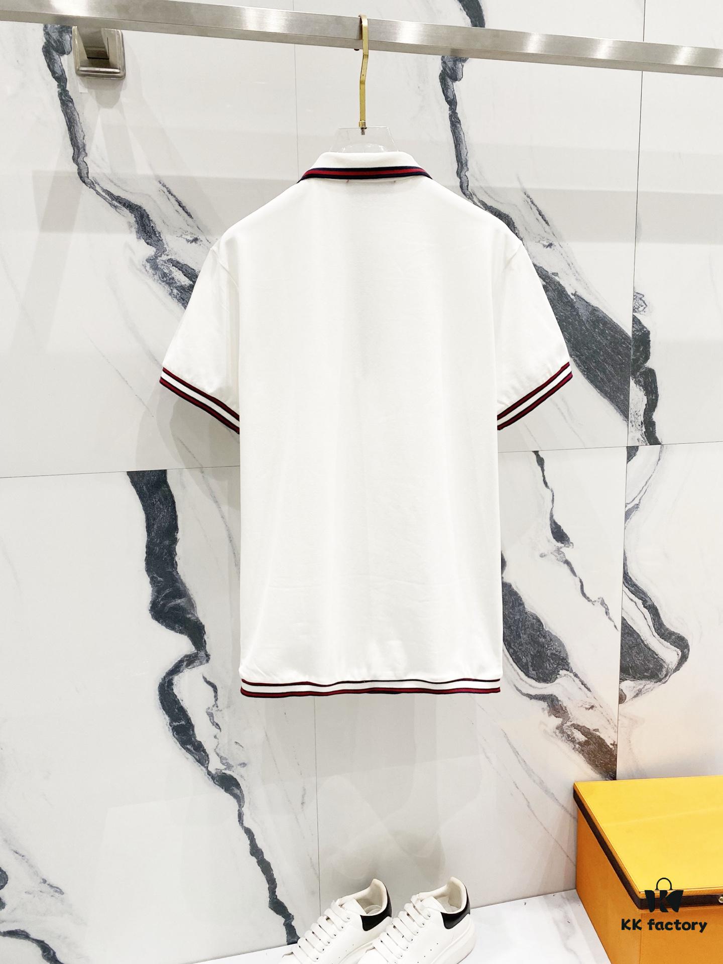 GUCCI Men's Polo Shirt with Lapel, Embroidered Logo, Color-Block Striped Pocket Design