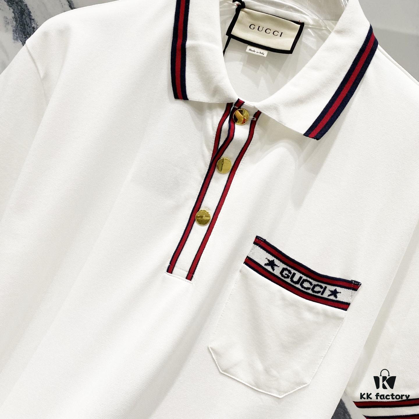 GUCCI Men's Polo Shirt with Lapel, Embroidered Logo, Color-Block Striped Pocket Design