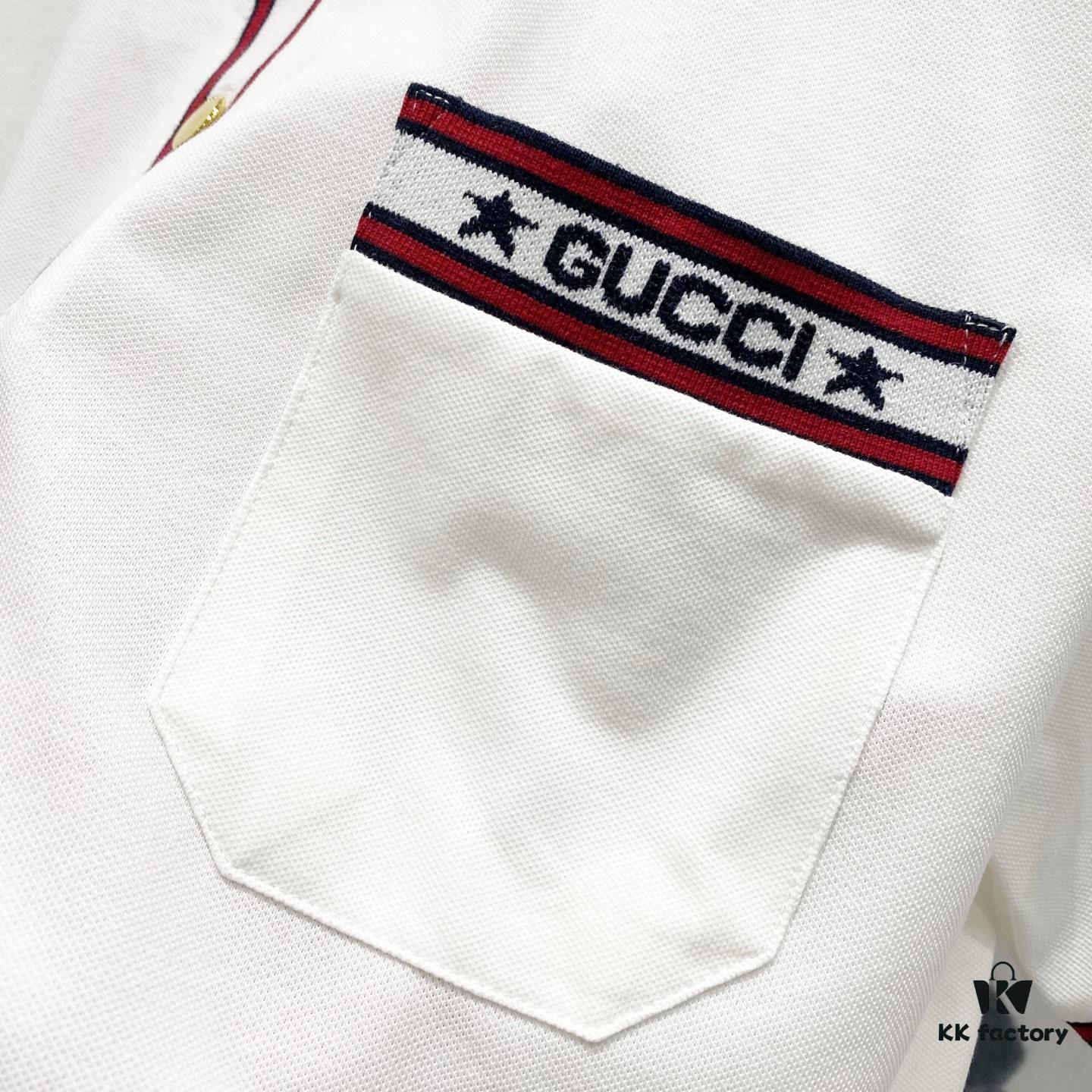 GUCCI Men's Polo Shirt with Lapel, Embroidered Logo, Color-Block Striped Pocket Design