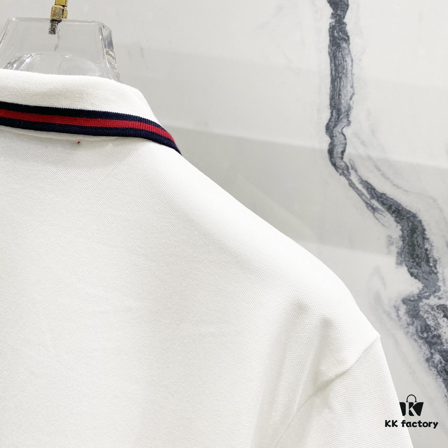 GUCCI Men's Polo Shirt with Lapel, Embroidered Logo, Color-Block Striped Pocket Design