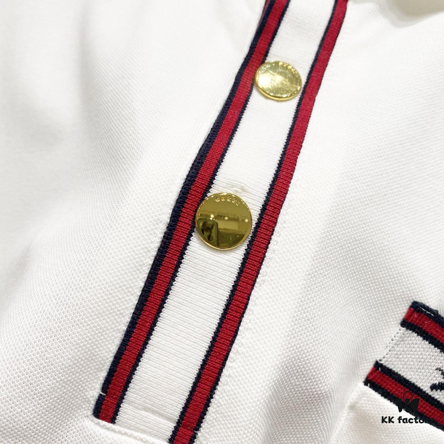 GUCCI Men's Polo Shirt with Lapel, Embroidered Logo, Color-Block Striped Pocket Design