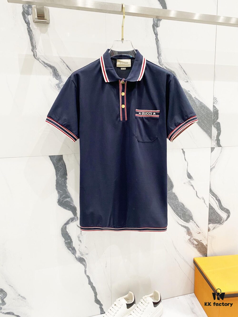 GUCCI Men's Polo Shirt with Lapel, Embroidered Logo, Color-Block Striped Pocket Design