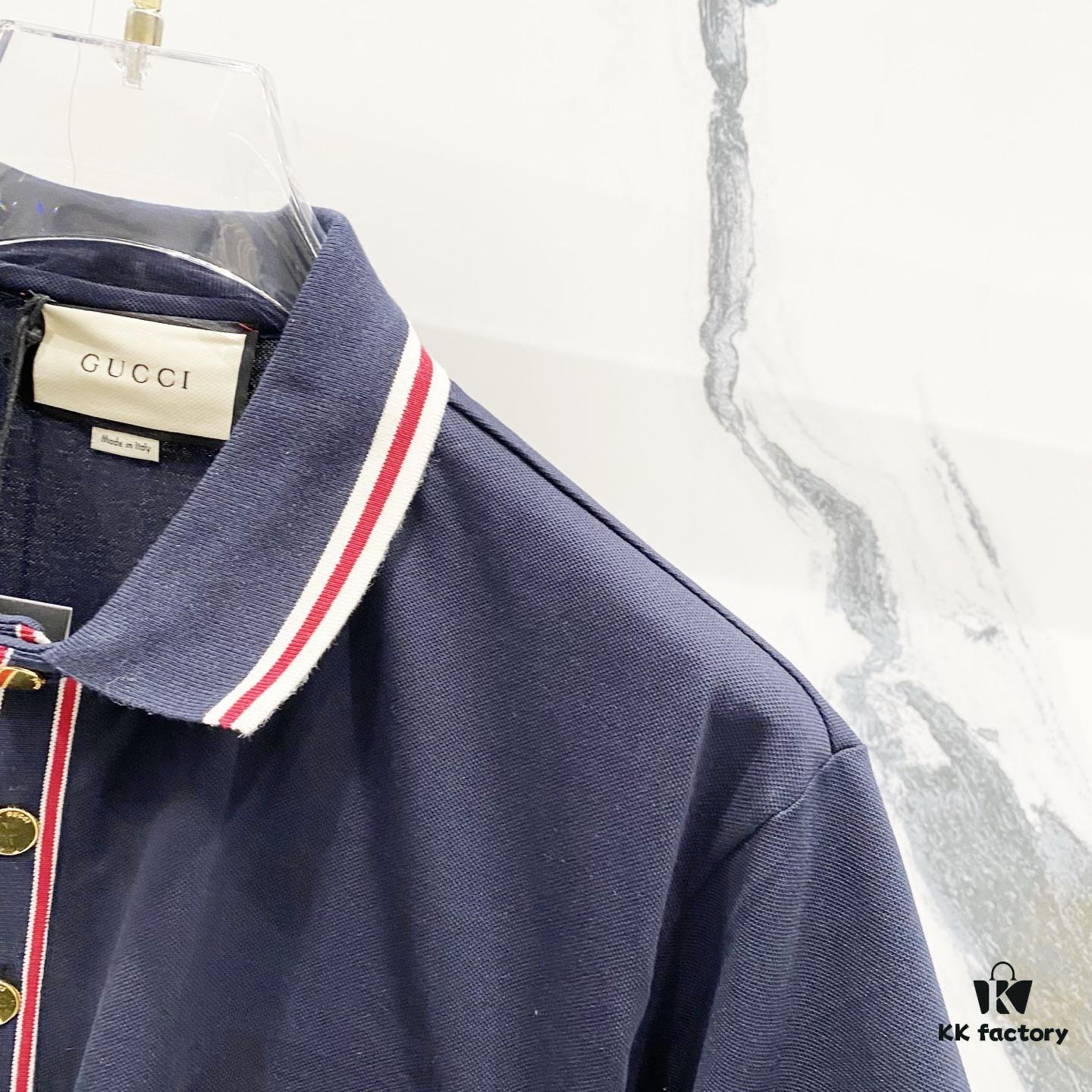 GUCCI Men's Polo Shirt with Lapel, Embroidered Logo, Color-Block Striped Pocket Design