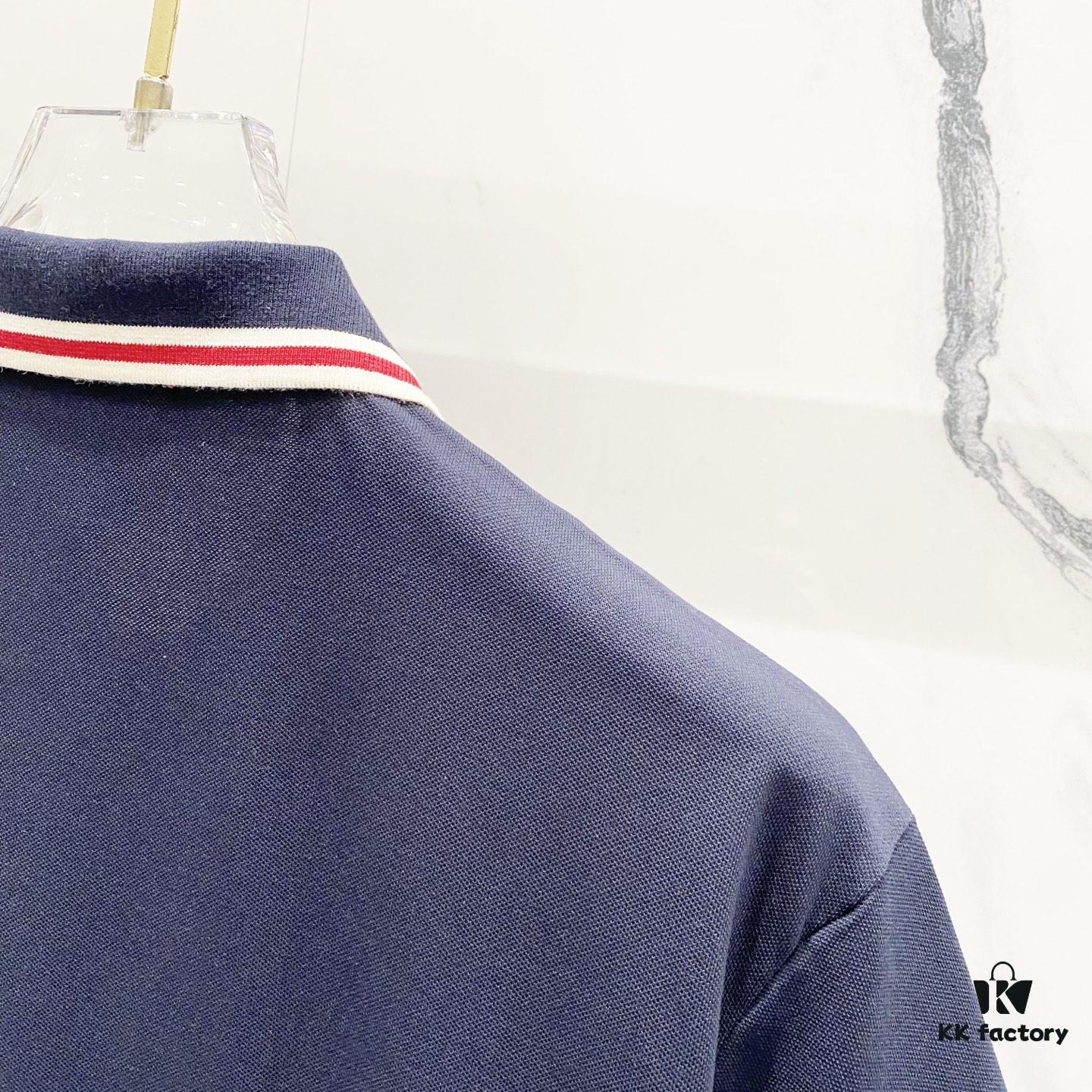 GUCCI Men's Polo Shirt with Lapel, Embroidered Logo, Color-Block Striped Pocket Design