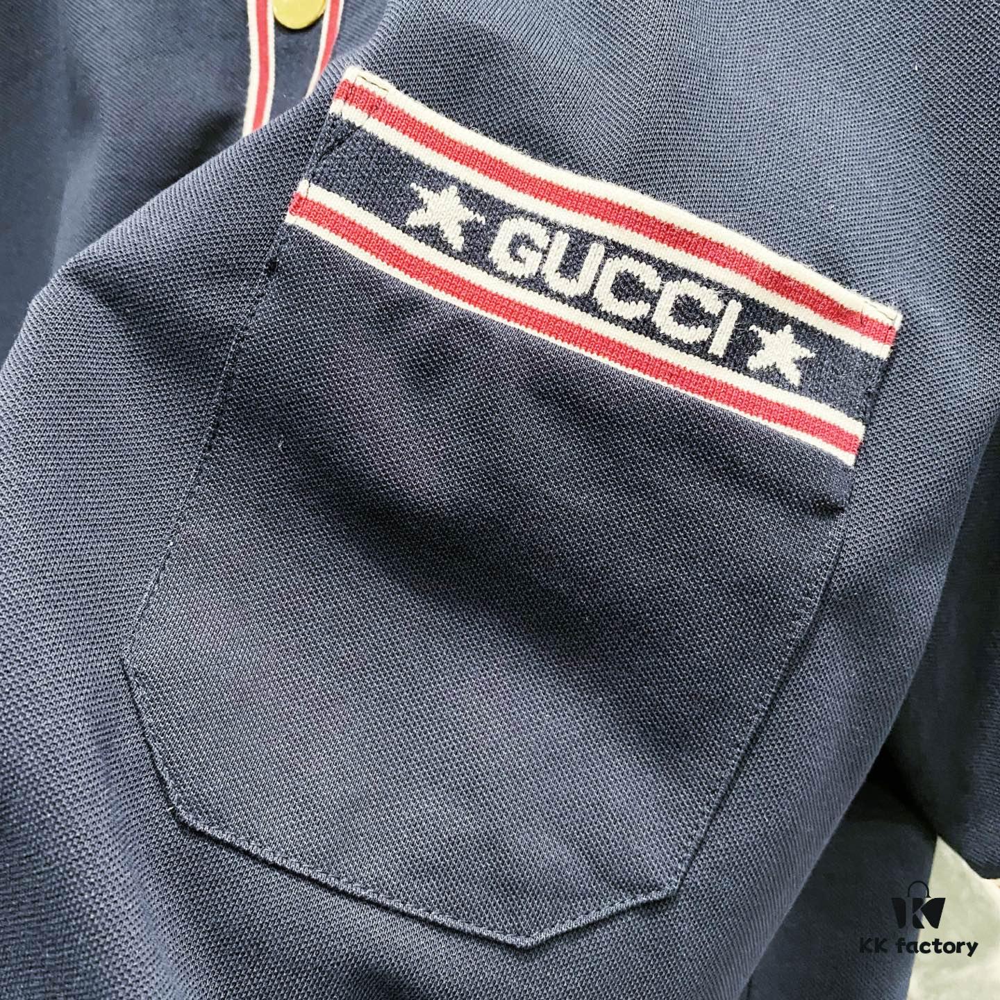 GUCCI Men's Polo Shirt with Lapel, Embroidered Logo, Color-Block Striped Pocket Design