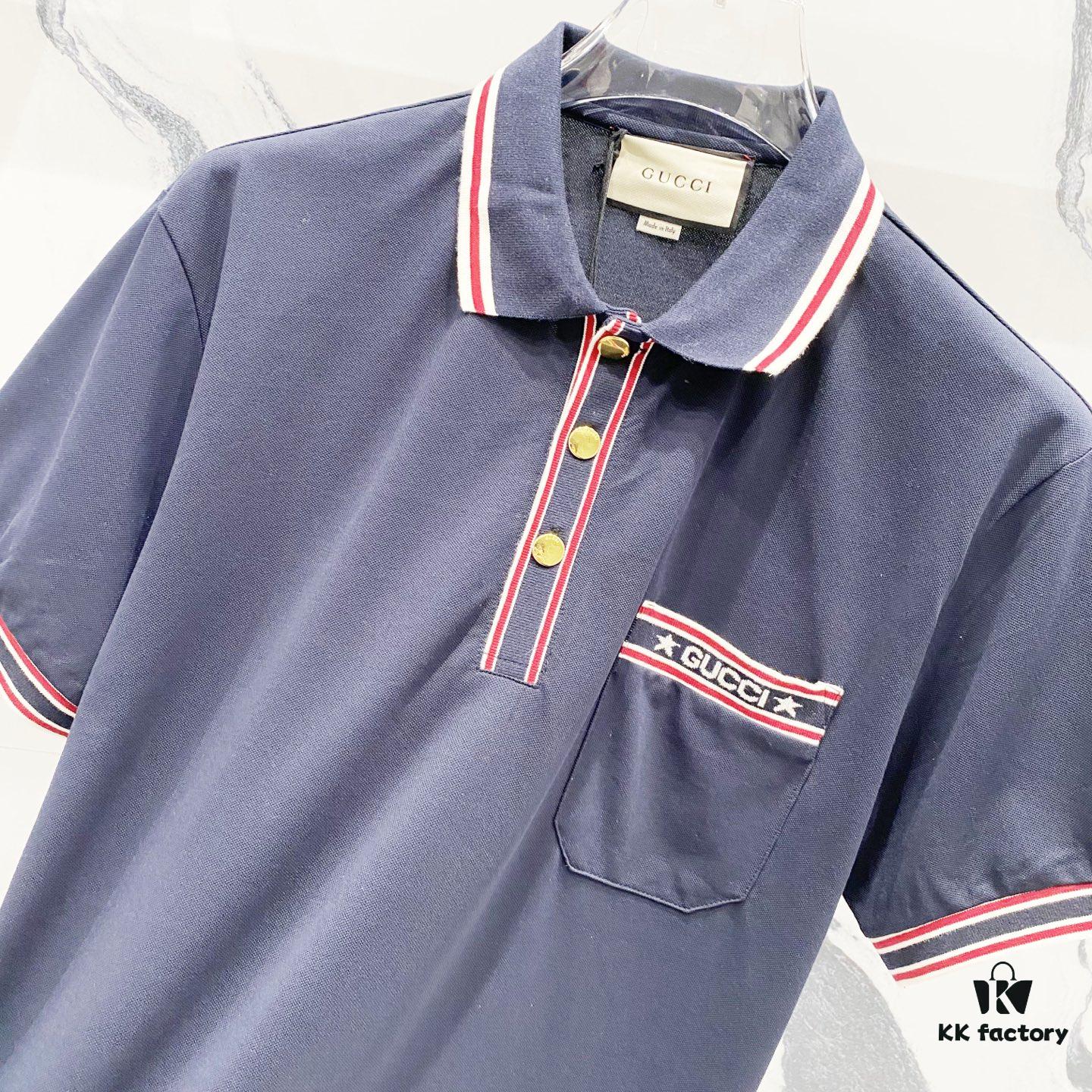 GUCCI Men's Polo Shirt with Lapel, Embroidered Logo, Color-Block Striped Pocket Design