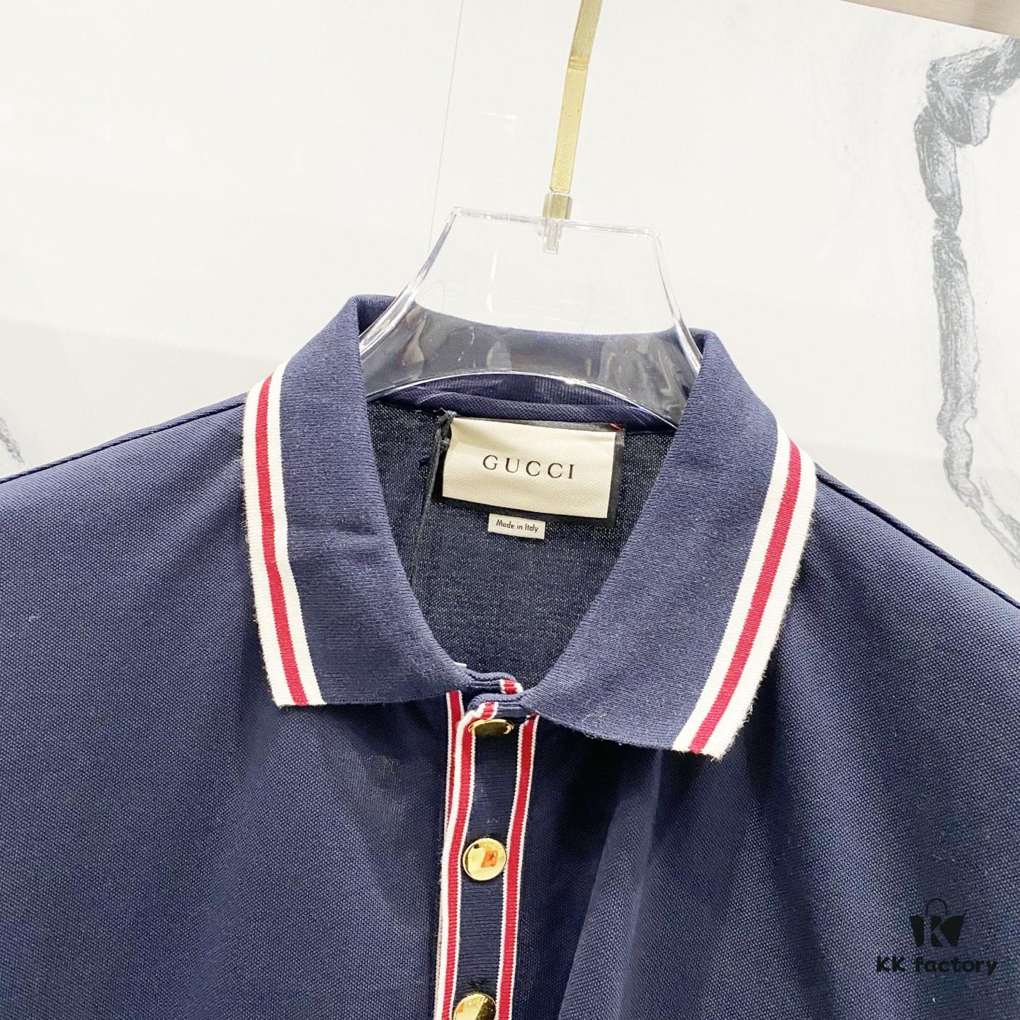 GUCCI Men's Polo Shirt with Lapel, Embroidered Logo, Color-Block Striped Pocket Design