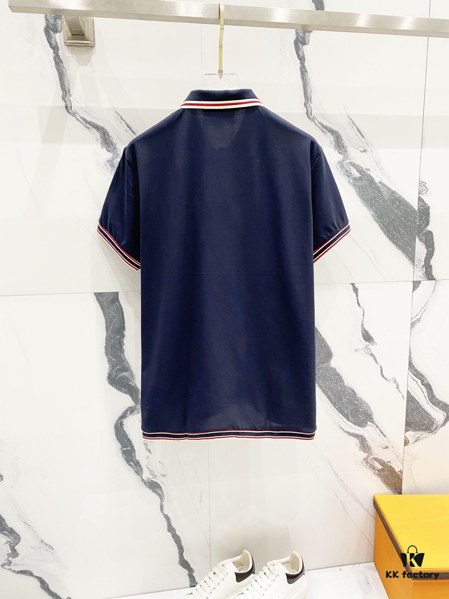 GUCCI Men's Polo Shirt with Lapel, Embroidered Logo, Color-Block Striped Pocket Design