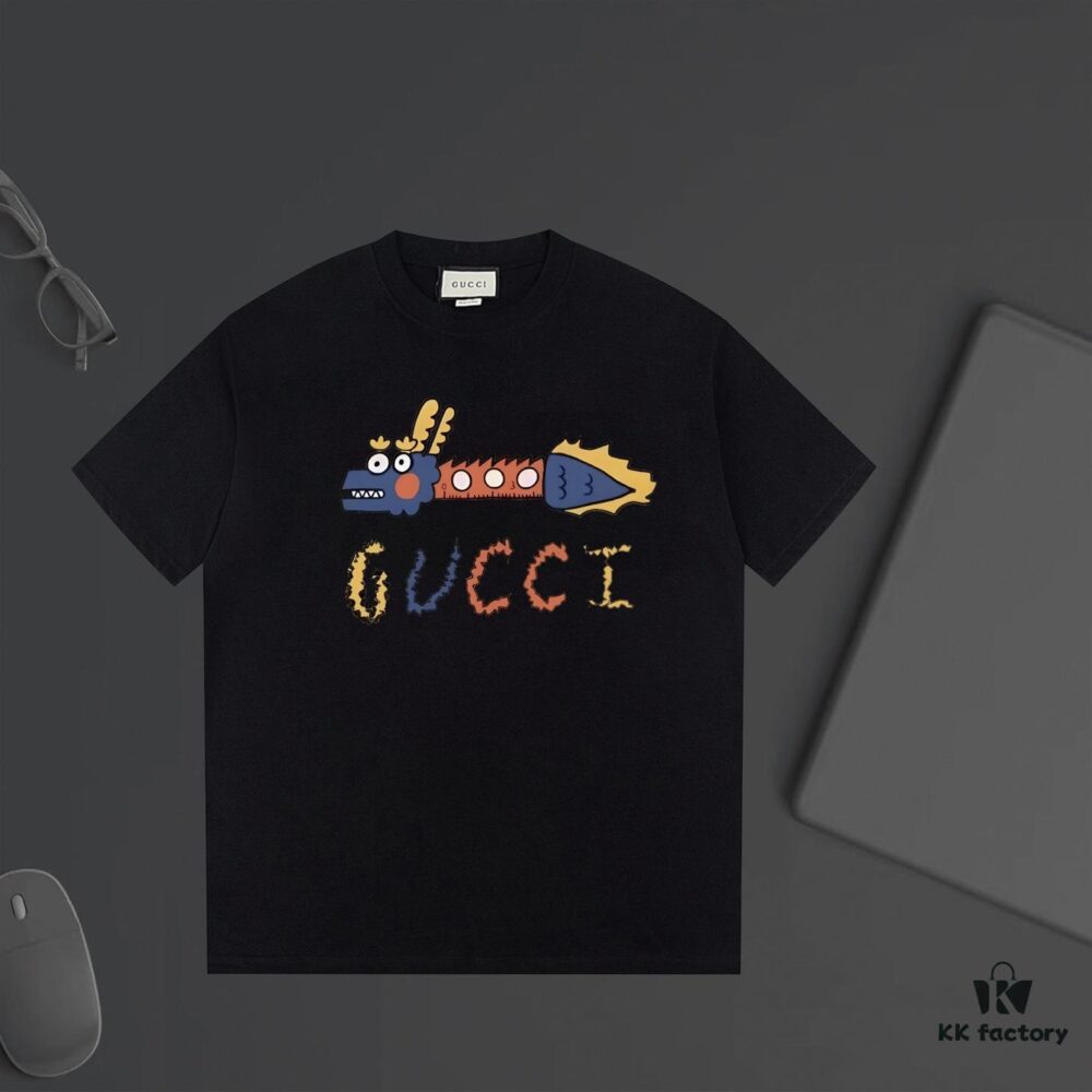 GUCCI New Arrival Letter Zigzag Contrast Color Cartoon Dragon Print T-Shirt