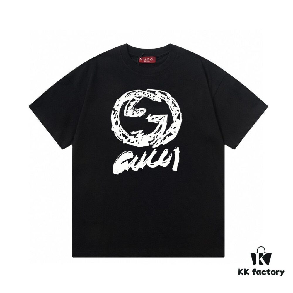 2025 Summer New Arrival Gucci Abstract Double G Logo Print 300g Combed Cotton Crew Neck Short Sleeve T-Shirt Unisex