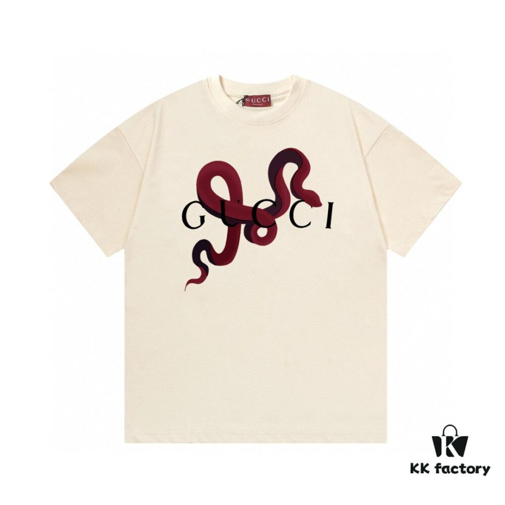 2025 Summer New Gucci Snake Year Limited Edition Snake Pattern Letter Logo Print 300g Combed Cotton Round Neck Short Sleeve T-Shirt Unisex