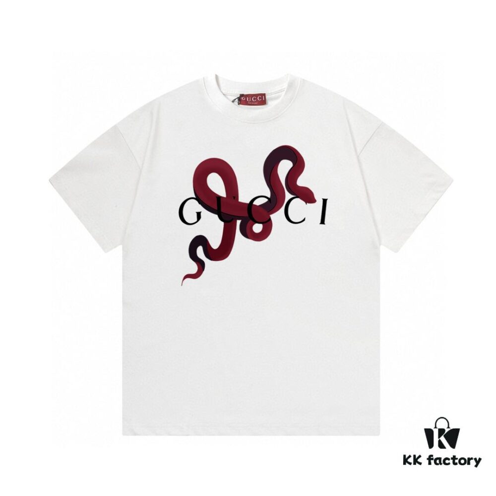2025 Summer New Gucci Snake Year Limited Edition Snake Pattern Letter Logo Print 300g Combed Cotton Crew Neck Short Sleeve T-Shirt Unisex