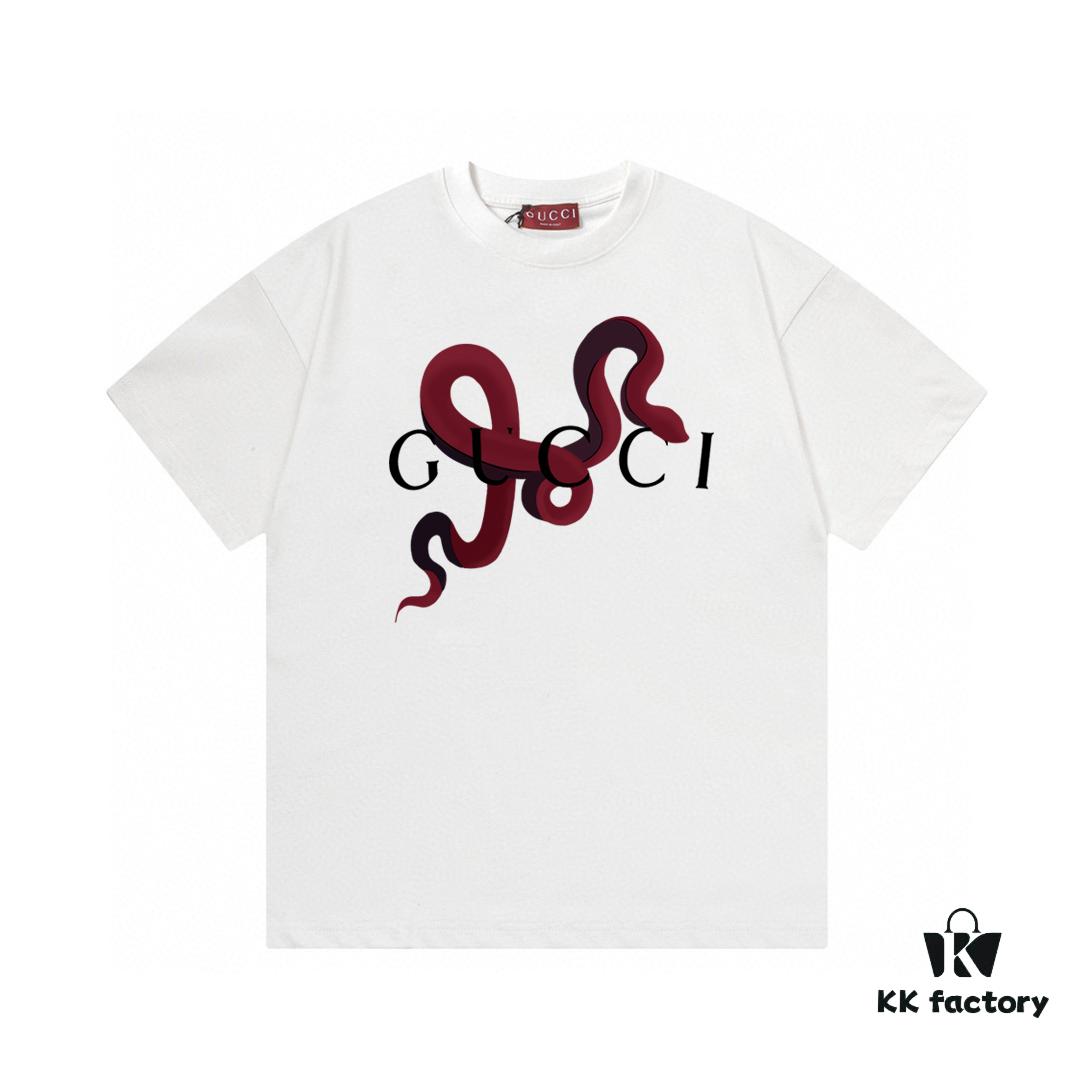2025 Summer New Gucci Snake Year Limited Edition Snake Pattern Letter Logo Print 300g Combed Cotton Crew Neck Short Sleeve T-Shirt Unisex