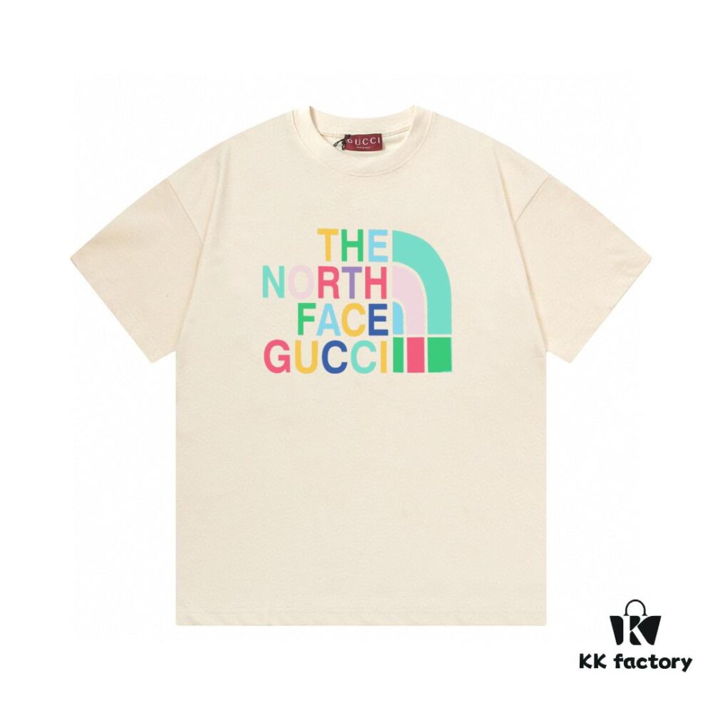 2025 Summer New Gucci GUCCI Collaborative The North Face Rainbow Letter Logo Print 300g Combed Cotton Crew Neck Short Sleeve T-Shirt Unisex