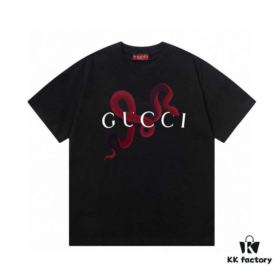 2025 Summer New Gucci Snake Year Limited Edition Snake Pattern Letter Logo Print 300g Combed Cotton Round Neck Short Sleeve T-Shirt Unisex