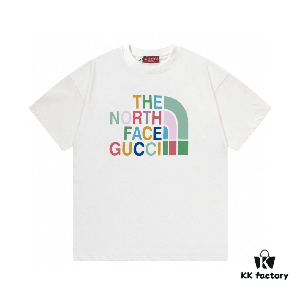 2025 Summer New Arrival Gucci GUCCI Collaborative The North Face Rainbow Letter Logo Print Round Neck Short Sleeve T-Shirt in 300g Combed Cotton Unisex