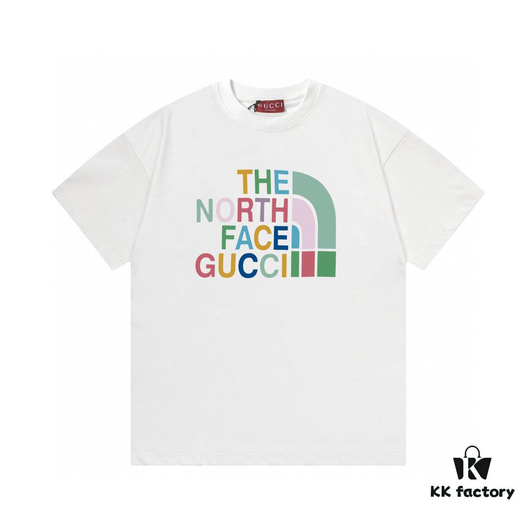2025 Summer New Arrival Gucci GUCCI Collaborative The North Face Rainbow Letter Logo Print Round Neck Short Sleeve T-Shirt in 300g Combed Cotton Unisex
