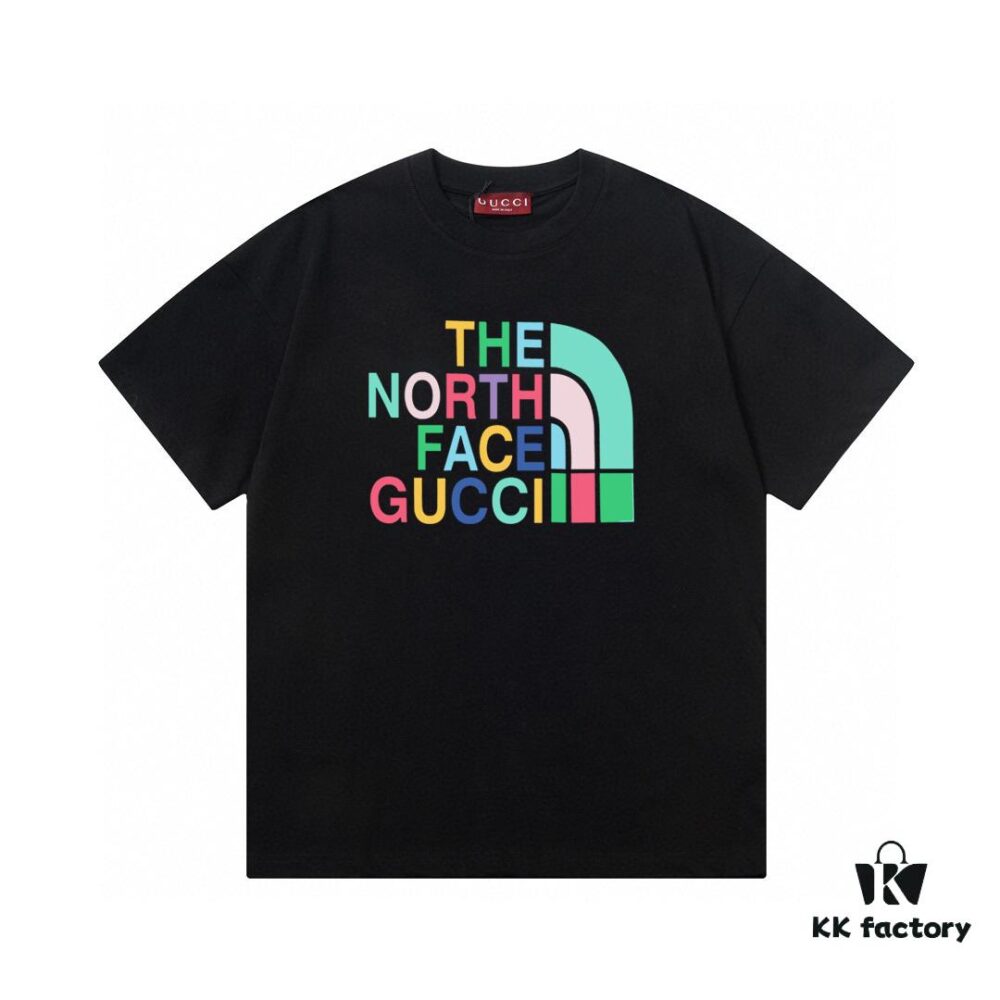 2025 Summer New Gucci Collaborative The North Face Rainbow Letter Logo Print 300g Combed Cotton Crew Neck Short Sleeve T-Shirt Unisex