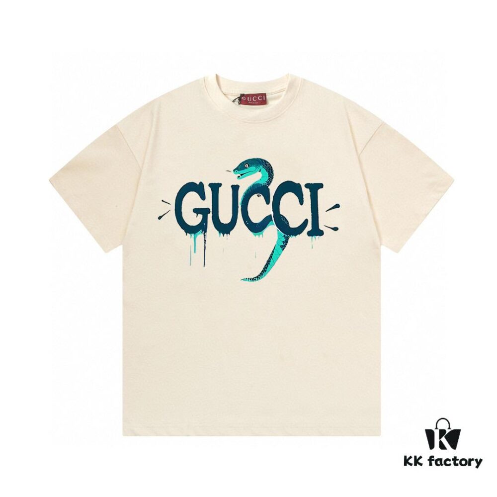 2025 Summer New Gucci Snake Year Limited Edition Double G Parody Letter Logo Print 300g Combed Cotton Crew Neck Short Sleeve T-Shirt Unisex