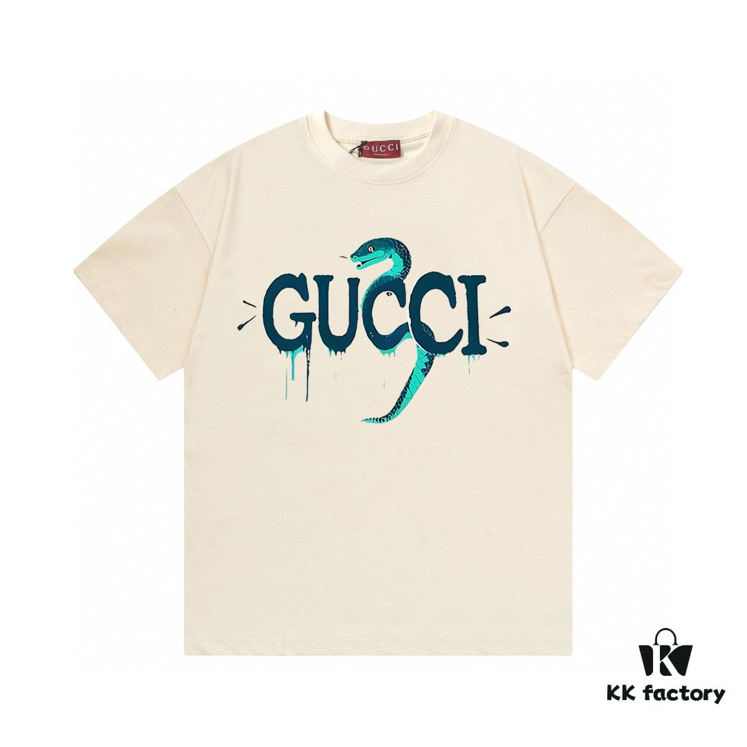 2025 Summer New Gucci Snake Year Limited Edition Double G Parody Letter Logo Print 300g Combed Cotton Crew Neck Short Sleeve T-Shirt Unisex