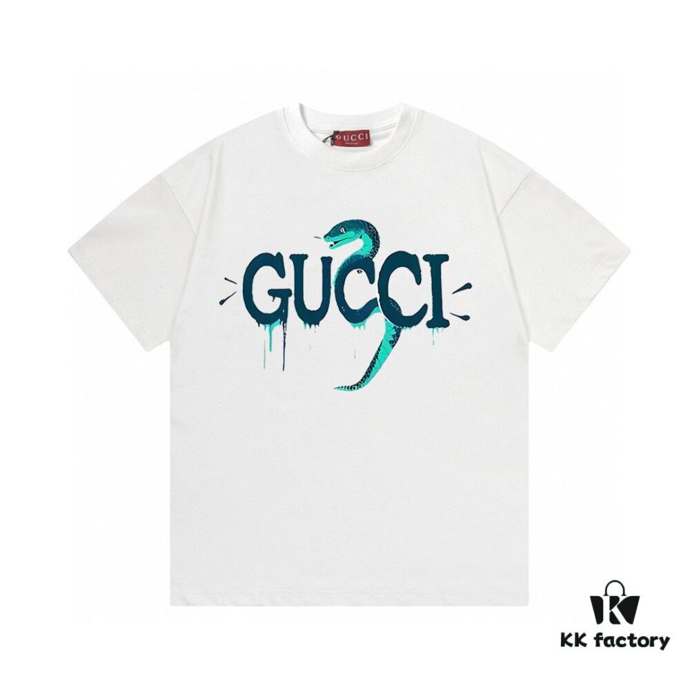 2025 Summer New Gucci Snake Year Limited Edition Double G Parody Letter Logo Print 300g Combed Cotton Round Neck Short Sleeve T-Shirt Unisex