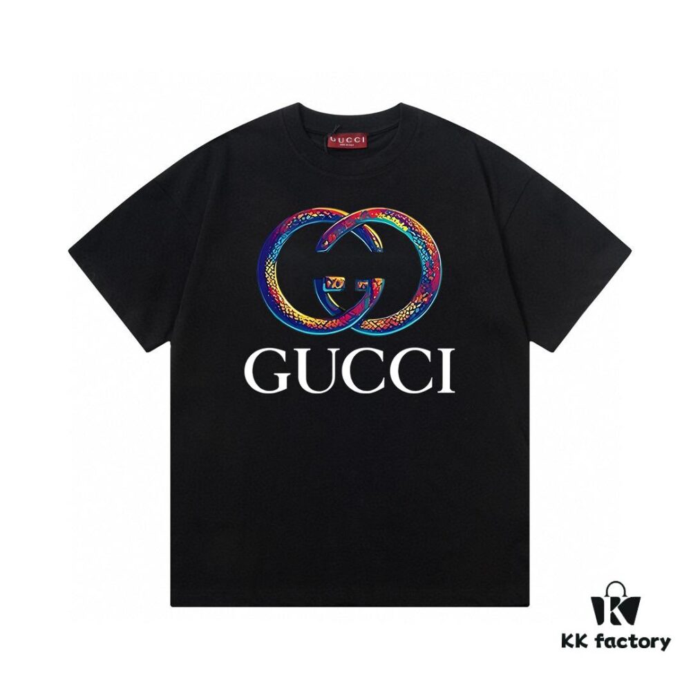 2025 Summer New Gucci Snake Year Limited Edition Double G Snake Pattern Letter Logo Print 300g Combed Cotton Crew Neck Short Sleeve T-Shirt Unisex