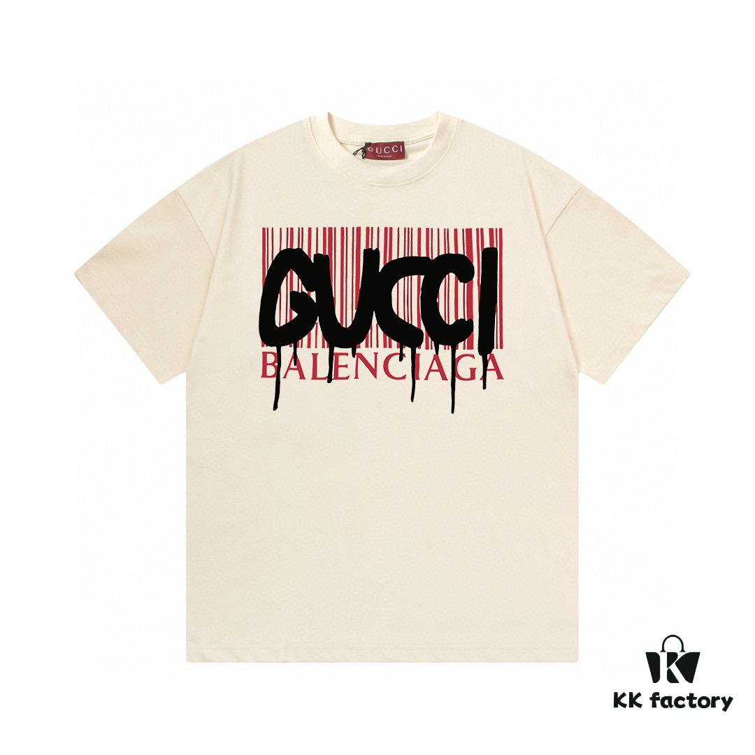 2025 Summer New Gucci Collaborative Collection with Balenciaga, Striped Code Letter Logo Print 300g Combed Cotton Round Neck Short Sleeve T-Shirt, Unisex