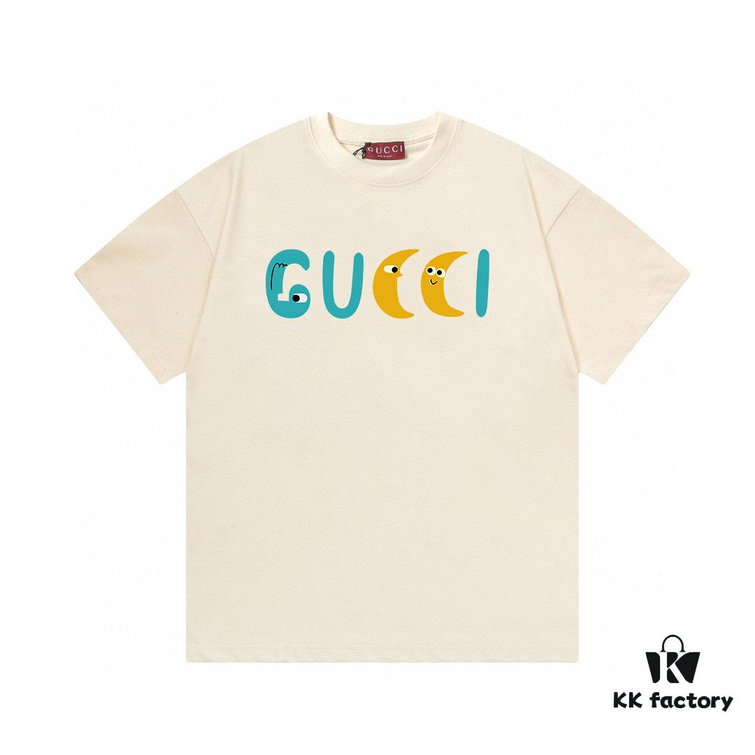 2025 Summer New Arrival Gucci Moon Parody Letter Logo Print 300g Combed Cotton Crew Neck Short Sleeve T-Shirt Unisex