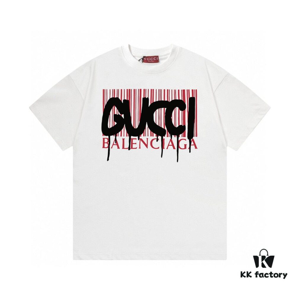 2025 Summer New Gucci GUCCI Collaboration Balenciaga Striped Code Letter Logo Print 300g Combed Cotton Round Neck Short Sleeve T-Shirt Unisex