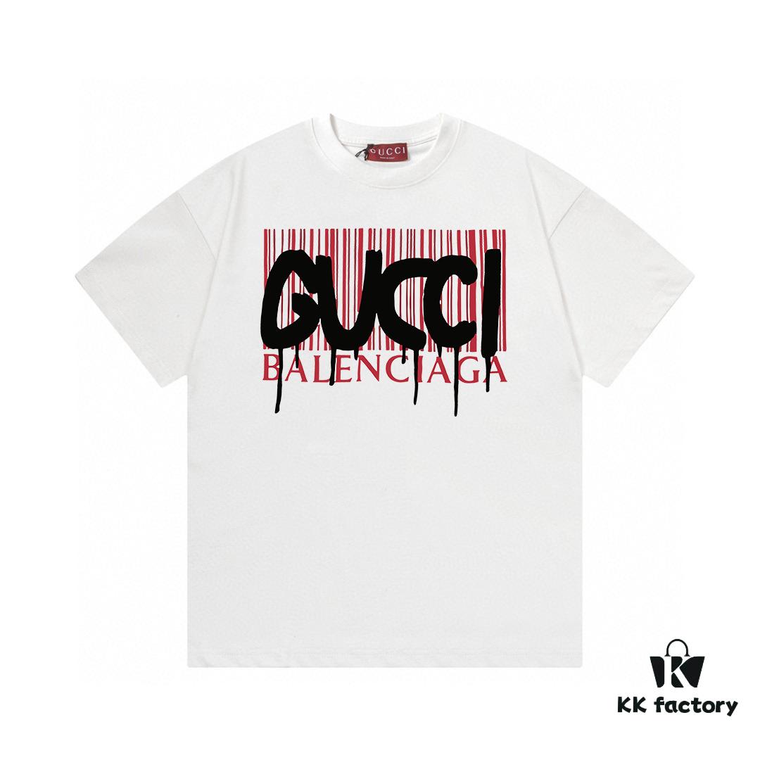 2025 Summer New Gucci GUCCI Collaboration Balenciaga Striped Code Letter Logo Print 300g Combed Cotton Round Neck Short Sleeve T-Shirt Unisex