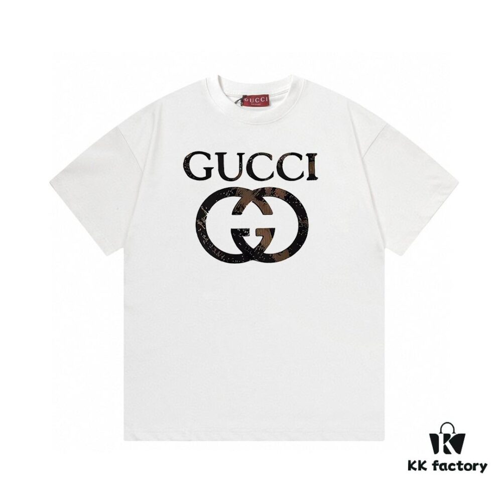 2025 Summer New Arrival Gucci Classic Double G Logo Print 300g Combed Cotton Crew Neck Short Sleeve T-Shirt Unisex