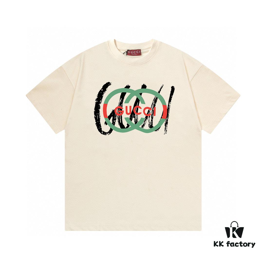 2025 Summer New Arrival Gucci Classic Double G Logo Print 300g Combed Cotton Round Neck Short Sleeve T-Shirt Unisex