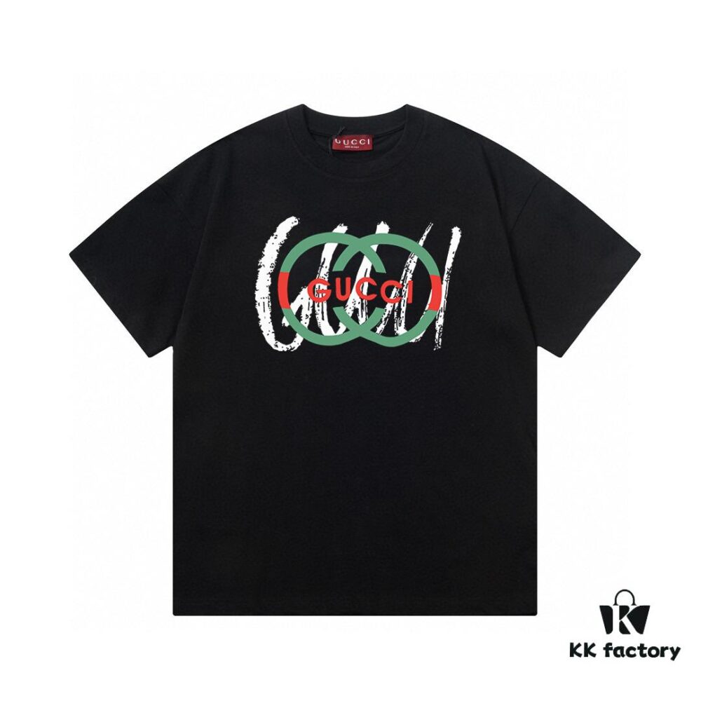 2025 Summer New Gucci Classic Double G Letter Logo Print 300g Combed Cotton Crew Neck Short Sleeve T-Shirt Unisex
