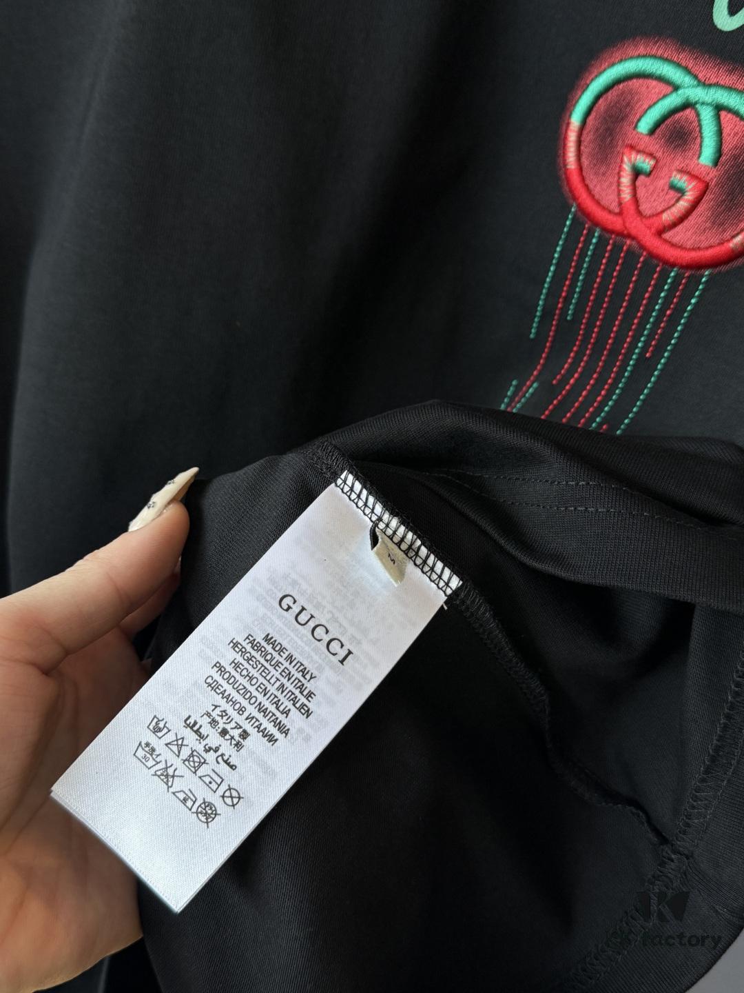 GUCCI 2025 Spring/Summer New Arrival Unisex T-Shirt with Red-Green Embroidered Logo and Print