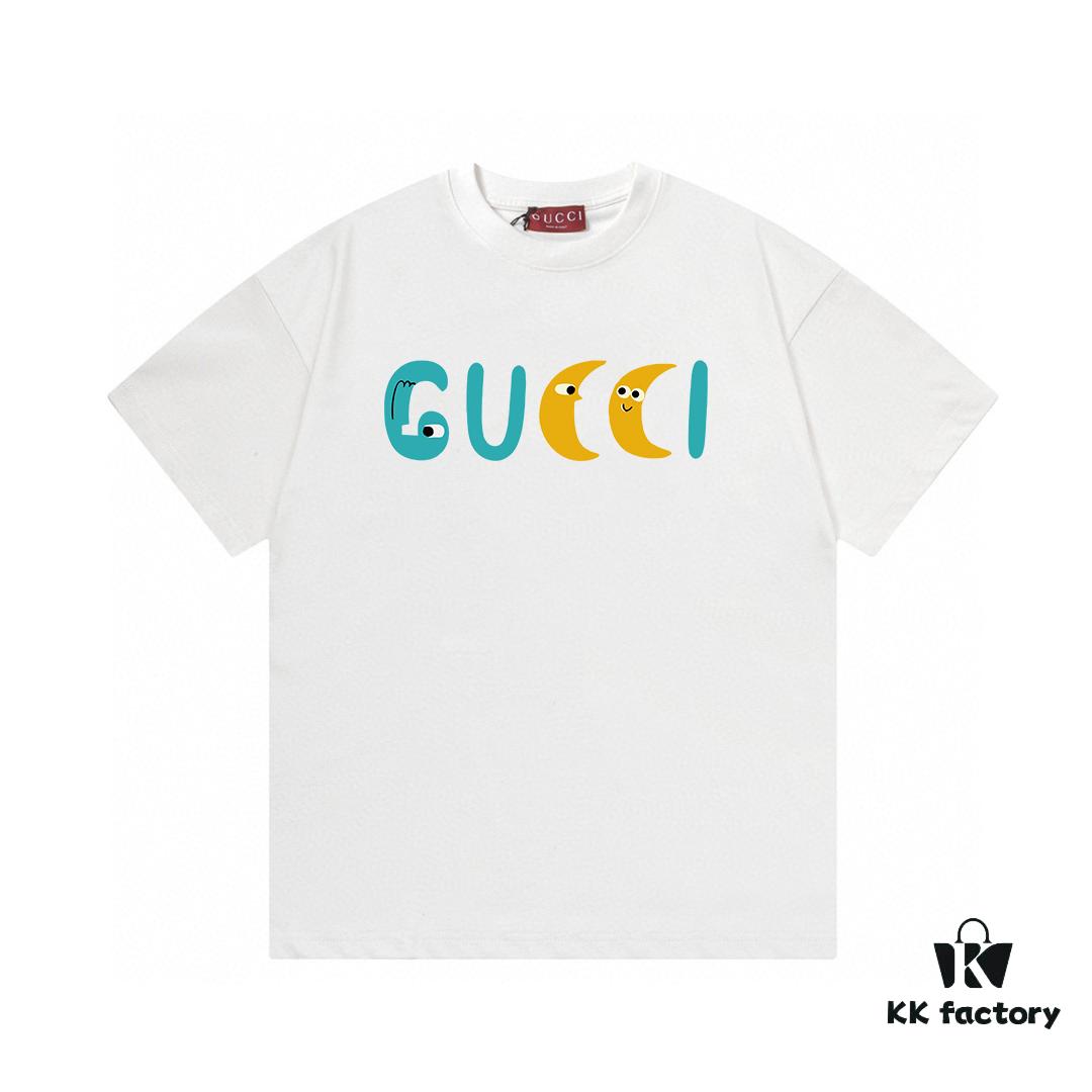 2025 Summer New Gucci Moon Parody Letter Logo Print 300g Combed Cotton Round Neck Short Sleeve T-Shirt Unisex
